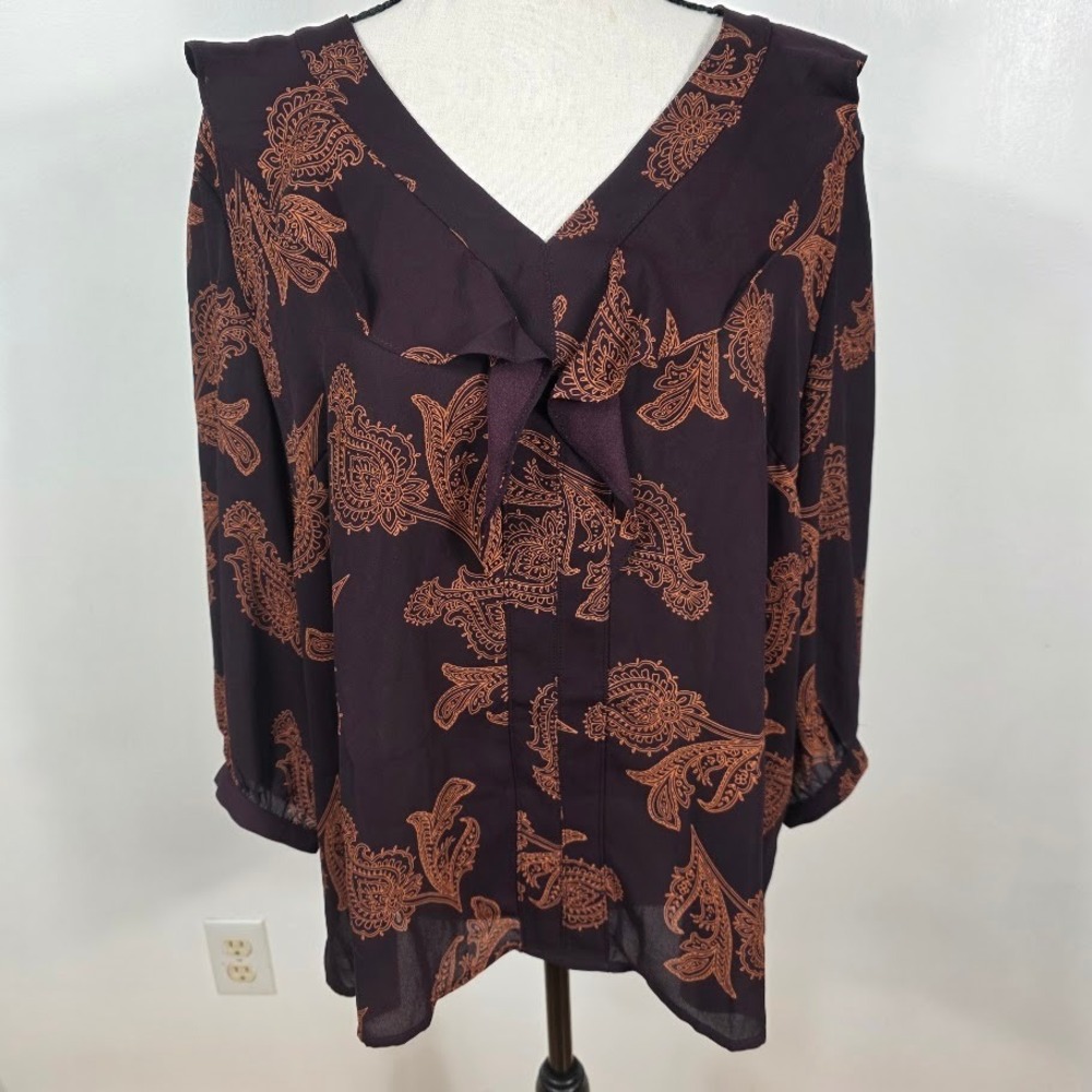 Liz Claiborne New XL Plum Paisley Long Sleeve V Neck Blouse Top Ruffle‎ Academic